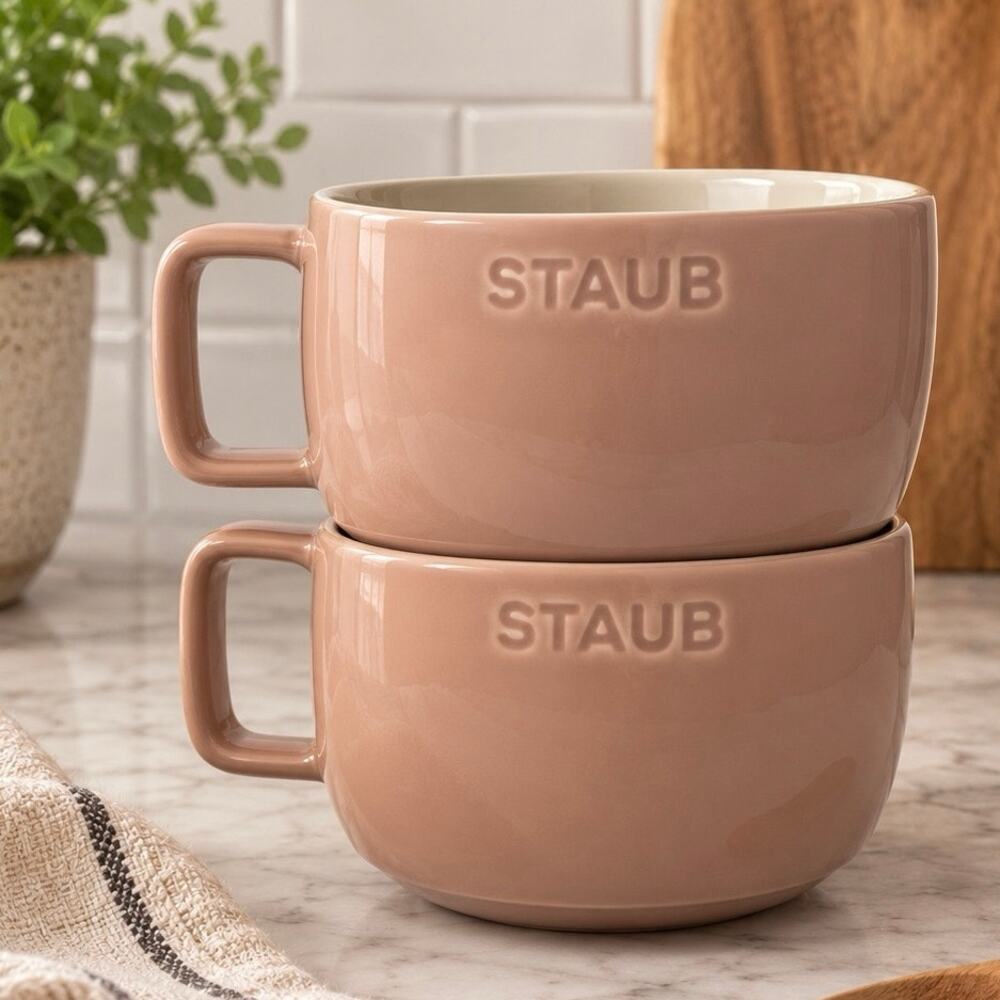 Staub NWT 17oz Light Pink Set of 2 Stacking Ceramic Soup Bowls